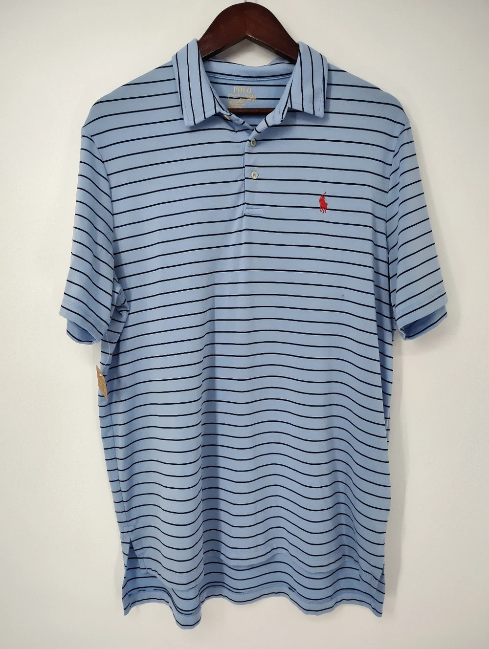 Polo by Ralph Lauren Mens Light Blue Black Striped Polo with Red Logo Size Large